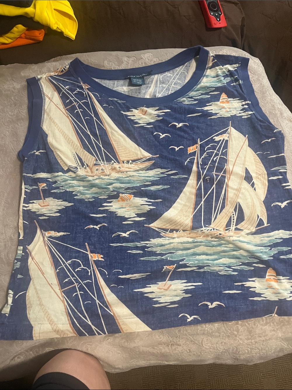Nautical Sailboat Print Sleeveless Top - Blue & Cream